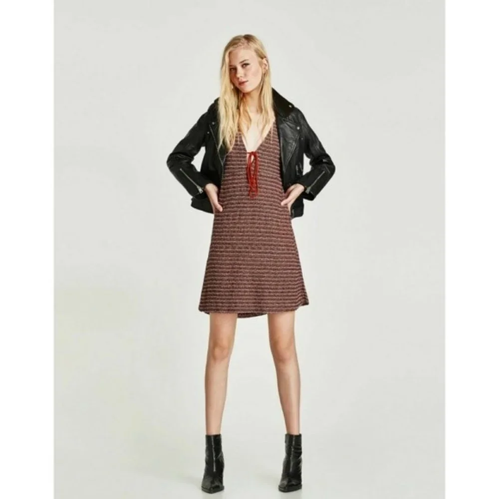 Zara Trafaluc Women's Knit Sheath Dress Fall Winter Tie Front Size S Striped NWT - Picture 1 of 11